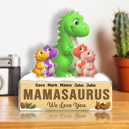 365Gifty acrylic puzzle gift for mom and kids featuring colorful dinosaur family with personalized names