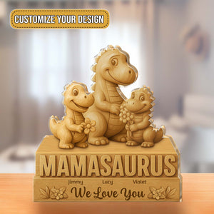 Customizable Mamasaurus Acrylic Sculpture with three dinosaur figures and personalized names for a unique gift