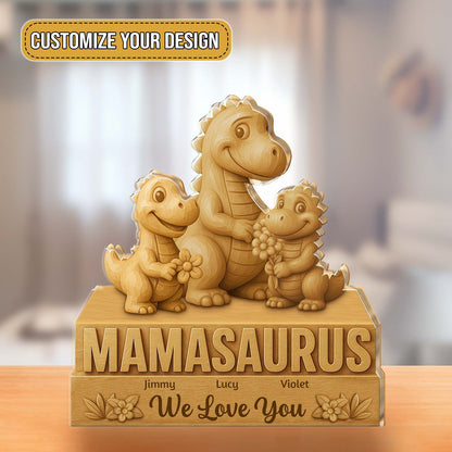 Customizable Mamasaurus Acrylic Sculpture with three dinosaur figures and personalized names for a unique gift