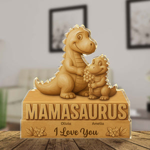 365Gifty Acrylic Sculpture featuring a cute dinosaur mom and baby with Mamasaurus text and I Love You message