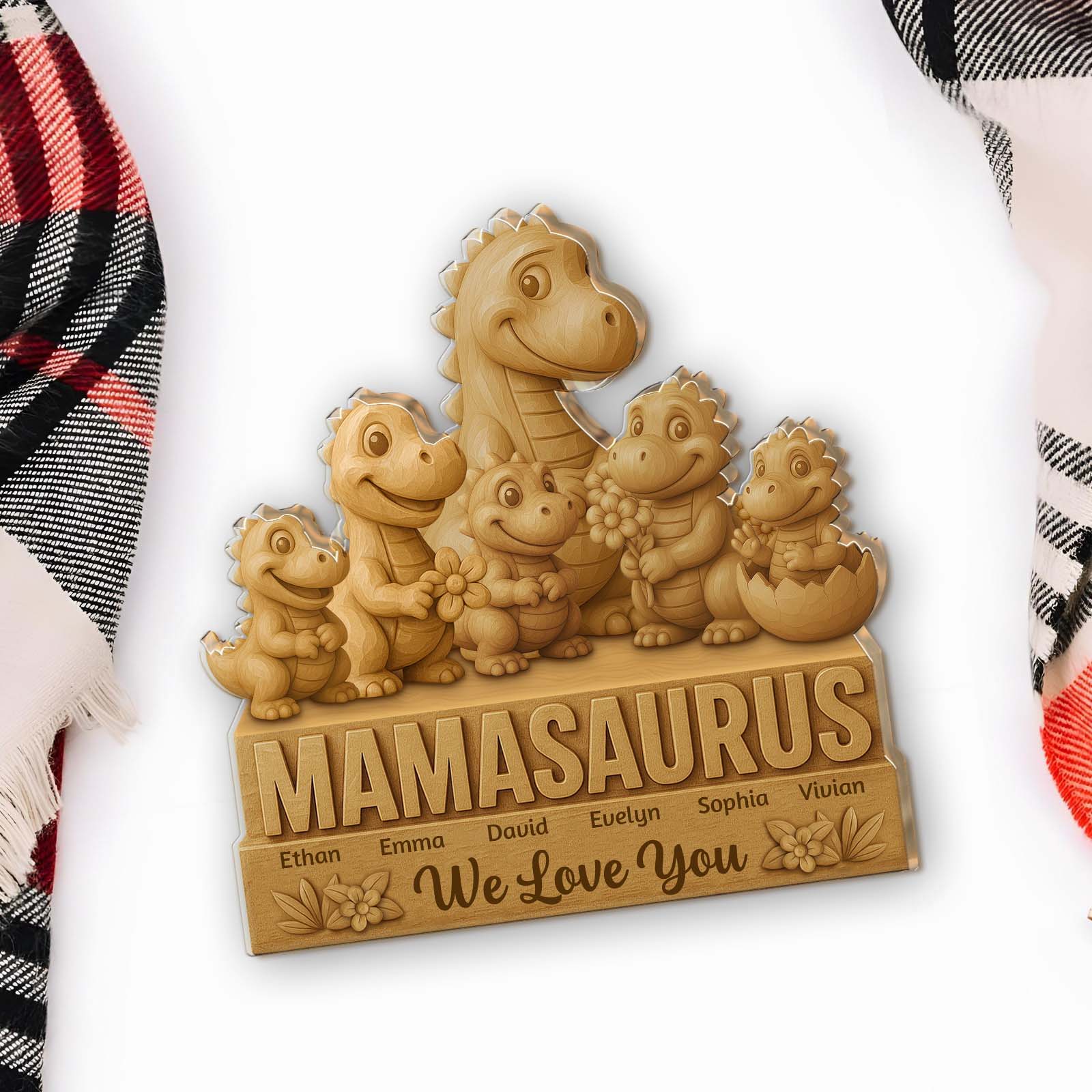 365Gifty Acrylic Sculpture of Mamasaurus with six baby dinosaurs and personalized names on base
