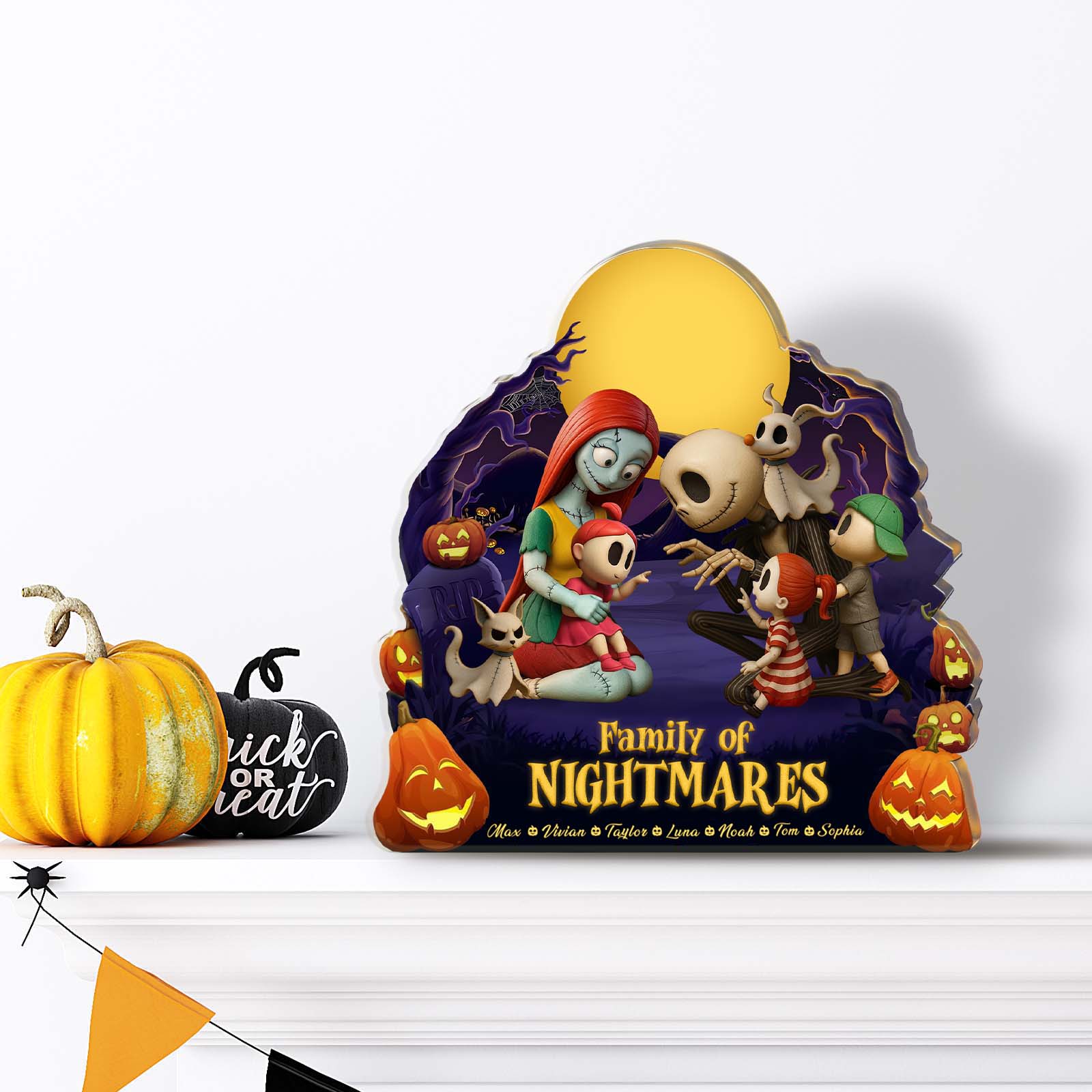 Personalized Halloween acrylic plaque featuring a Family of Nightmares scene with pumpkins and full moon