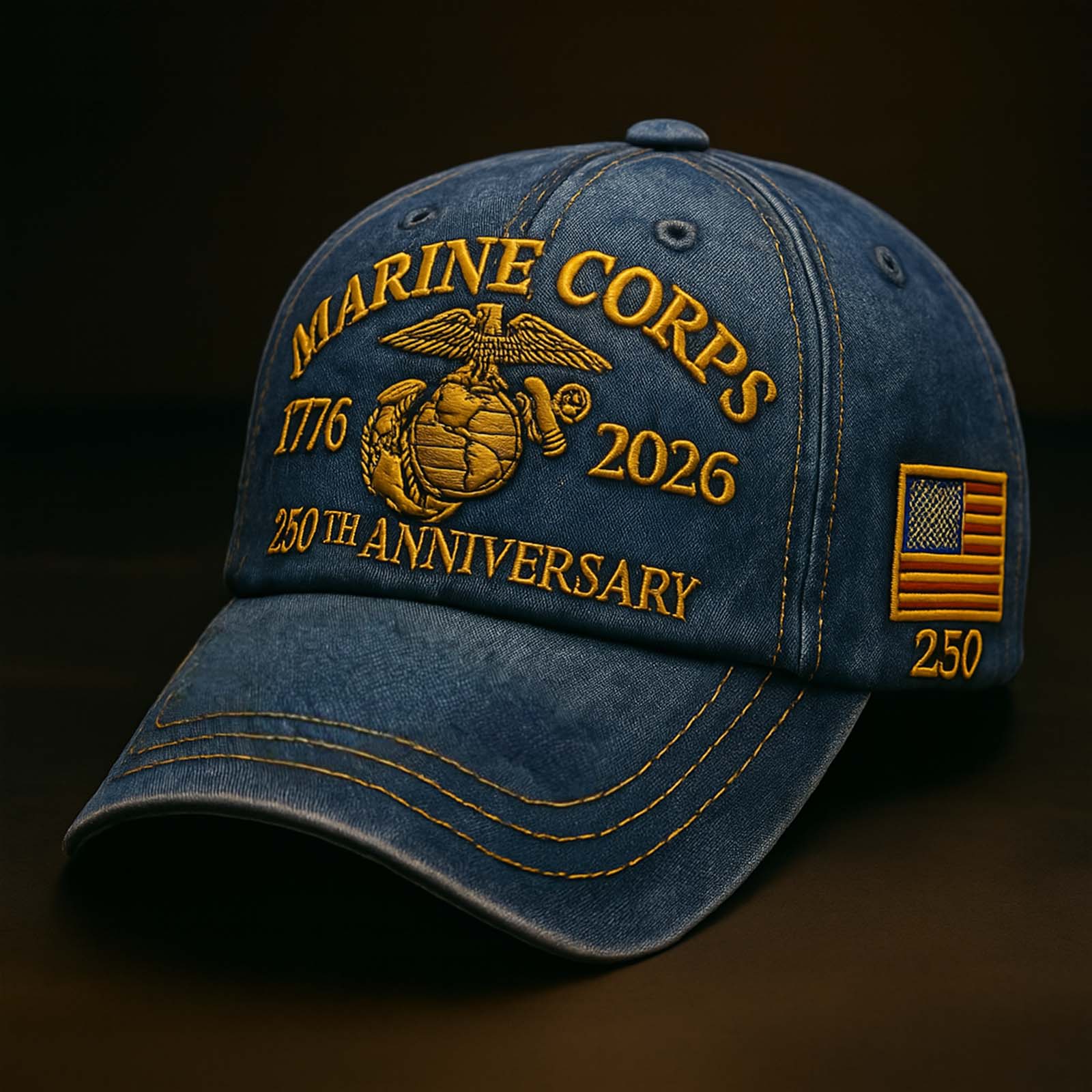 Blue Marine Corps 250th anniversary hat with gold embroidery and American flag patch