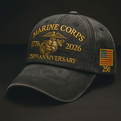 365Gifty Marine Corps 250th anniversary hat in black with gold embroidery and American flag patch