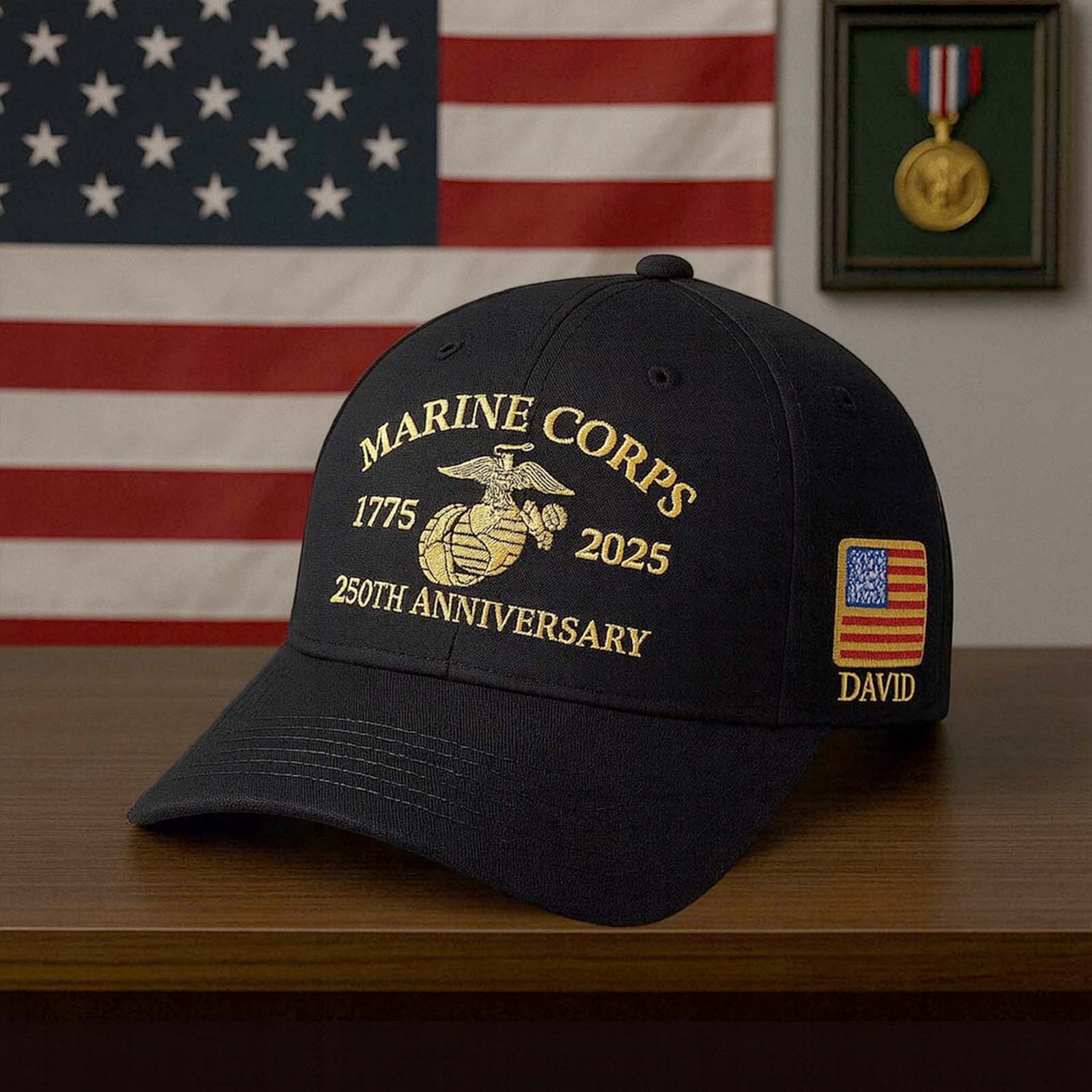 Marine Corps 250th anniversary hat featuring embroidered logo and American flag patch