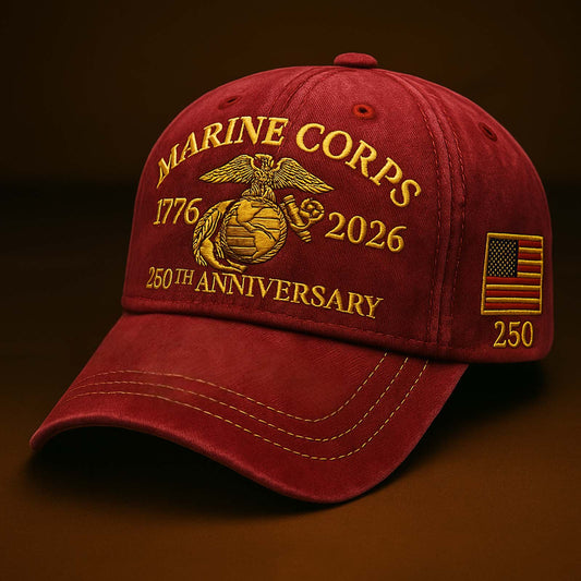 Red Marine Corps 250th anniversary hat with gold embroidery and American flag patch