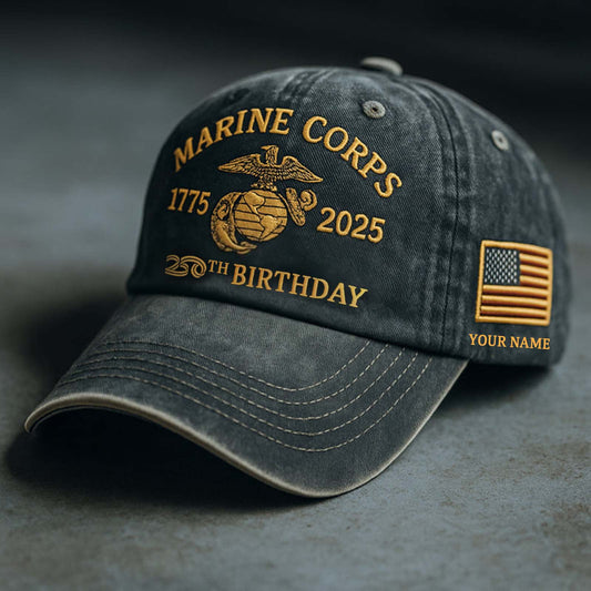 365Gifty Marine Corps 250th birthday cap in black with gold embroidery and American flag patch