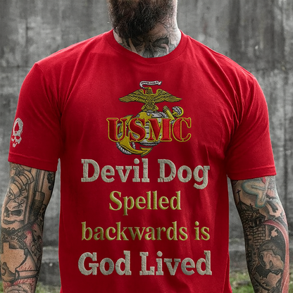 Red Marine Corps 250th birthday t-shirt with USMC emblem and Devil Dog spelled backwards quote