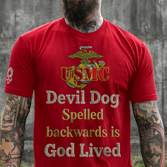 Red Marine Corps 250th birthday t-shirt with USMC emblem and Devil Dog spelled backwards quote