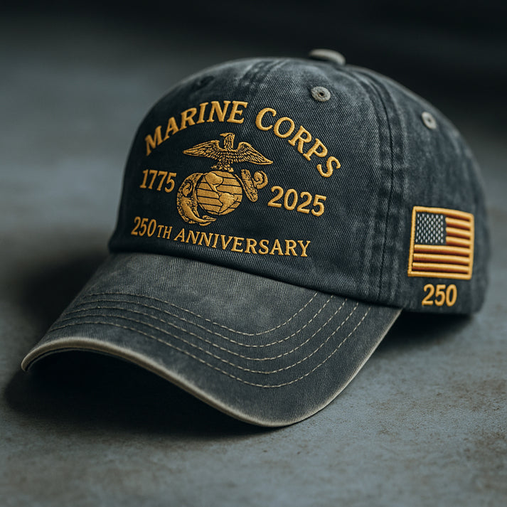 Marine Corps anniversary gift set featuring black cap with gold embroidery celebrating 250th anniversary