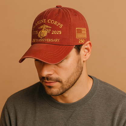 Marine Corps anniversary gift set brown cap with 250th anniversary embroidery and American flag patch