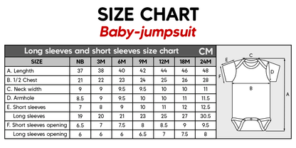 Size chart for baby-jumpsuit by 365Gifty showing measurements in centimeters for matching legend legacy shirts