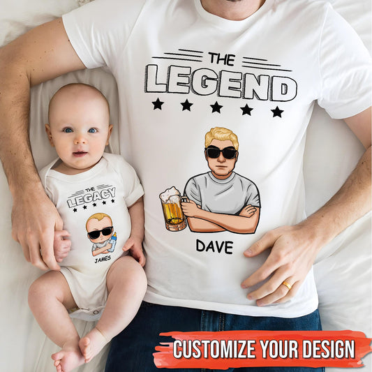 Matching legend legacy shirts for father and baby with customizable cartoon design and names