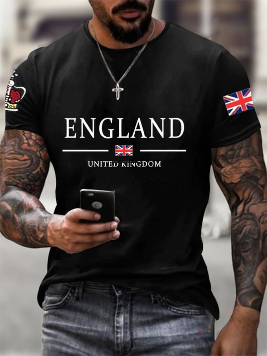 Men wearing men's England t-shirt with cap combo featuring black England shirt with UK flags