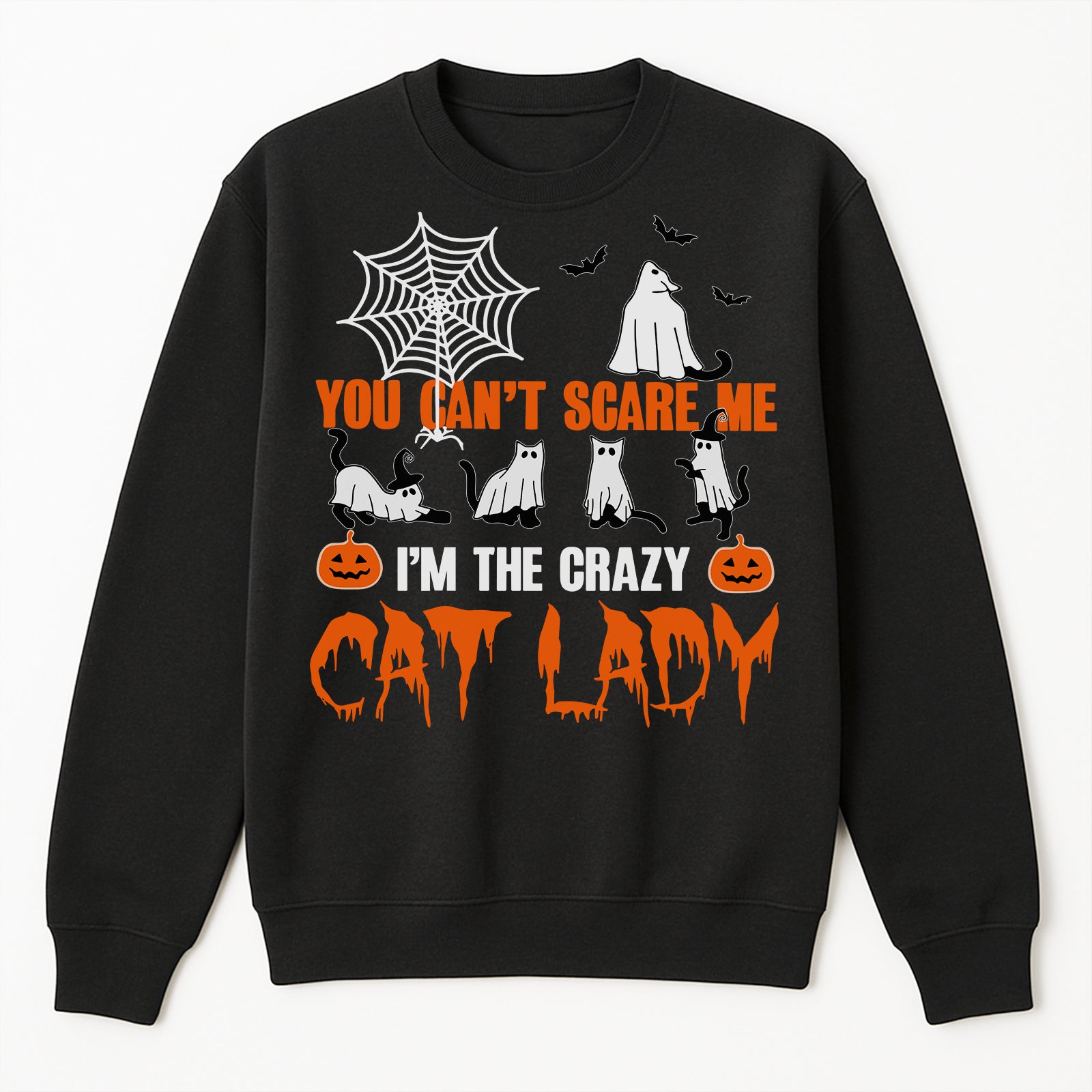 Black Halloween sweatshirt with ghost cats spider web orange You Cant Scare Me Im The Crazy Cat Lady unique gifts for cat moms