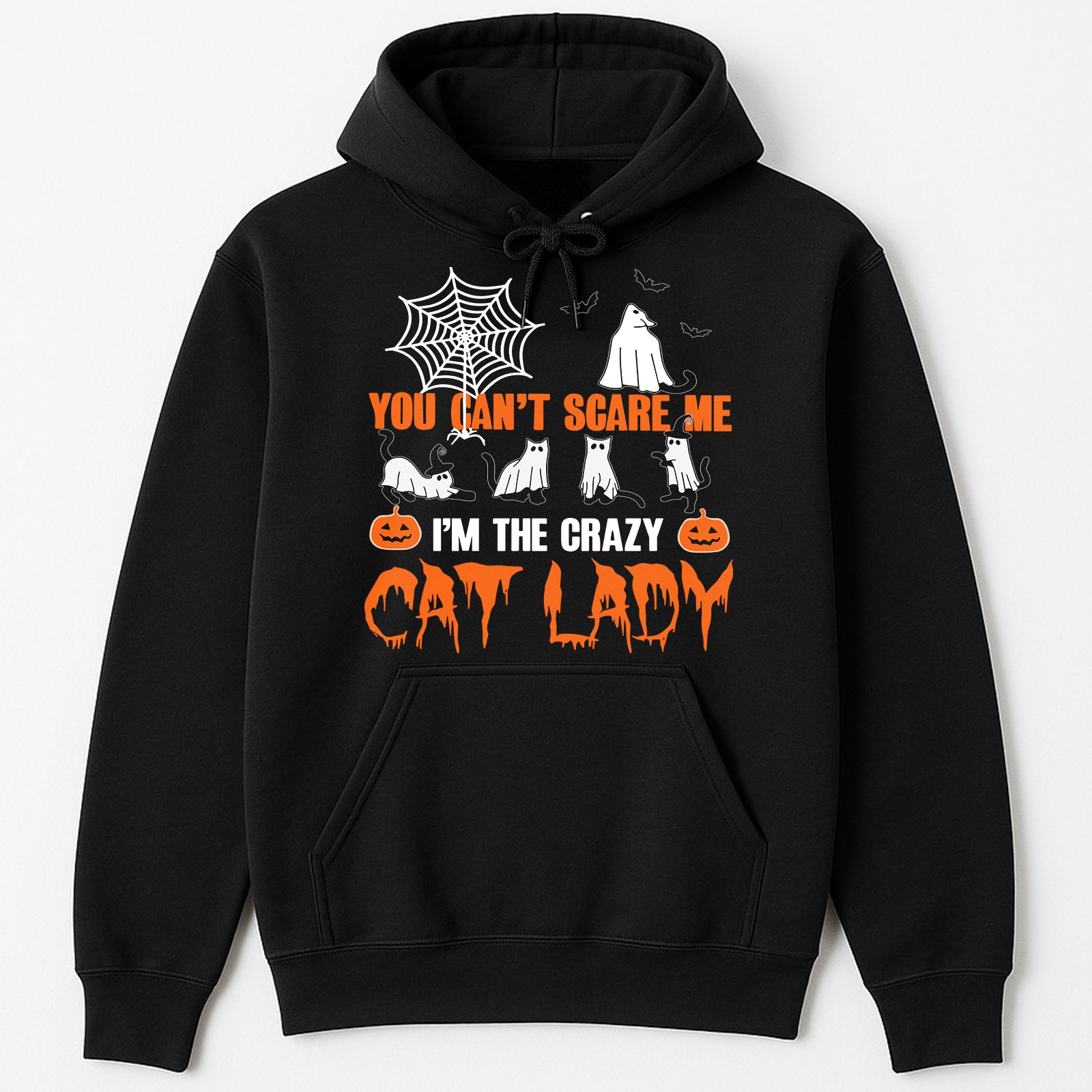Black Halloween cat hoodie with pumpkins ghosts spiderweb You cant scare me Im the crazy cat lady unique gifts for cat moms