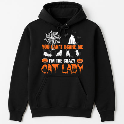 Black Halloween cat hoodie with pumpkins ghosts spiderweb You cant scare me Im the crazy cat lady unique gifts for cat moms