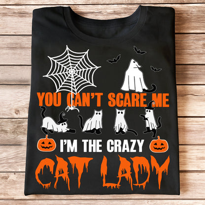 Black Halloween cat lady T shirt with ghost cats spiderweb pumpkins and bold text ideal unique gifts for cat moms