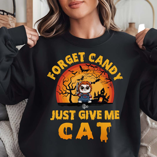 Woman wearing black custom Halloween shirt for cat lovers with orange moon bats haunted house and cartoon cat