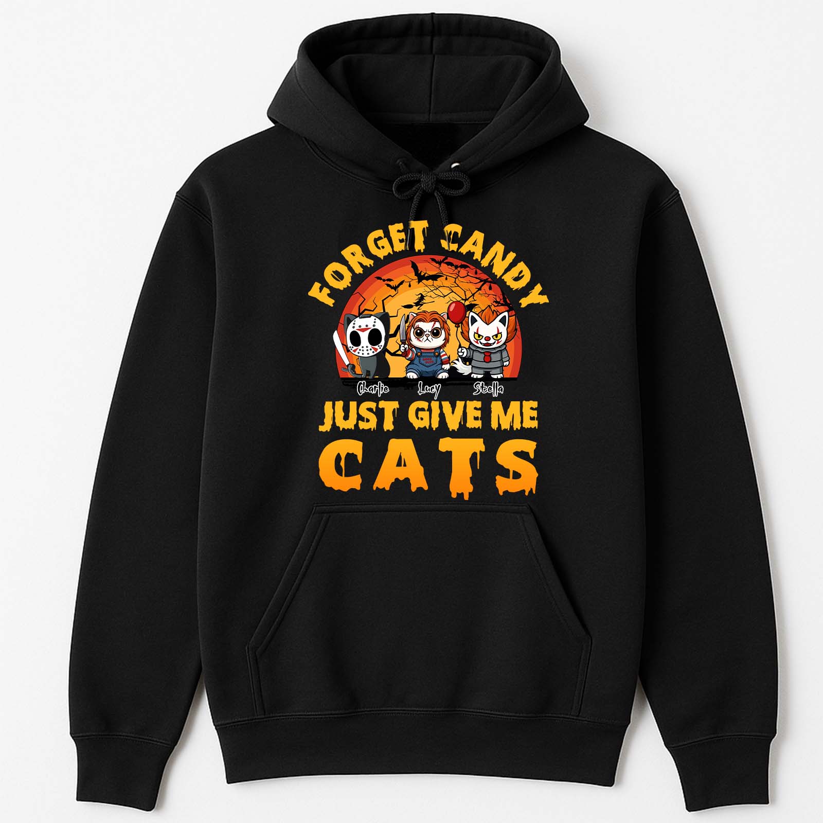 365Gifty black hoodie with spooky cartoon cats and pumpkins Forget Candy Just Give Me Cats custom Halloween shirt for cat lovers