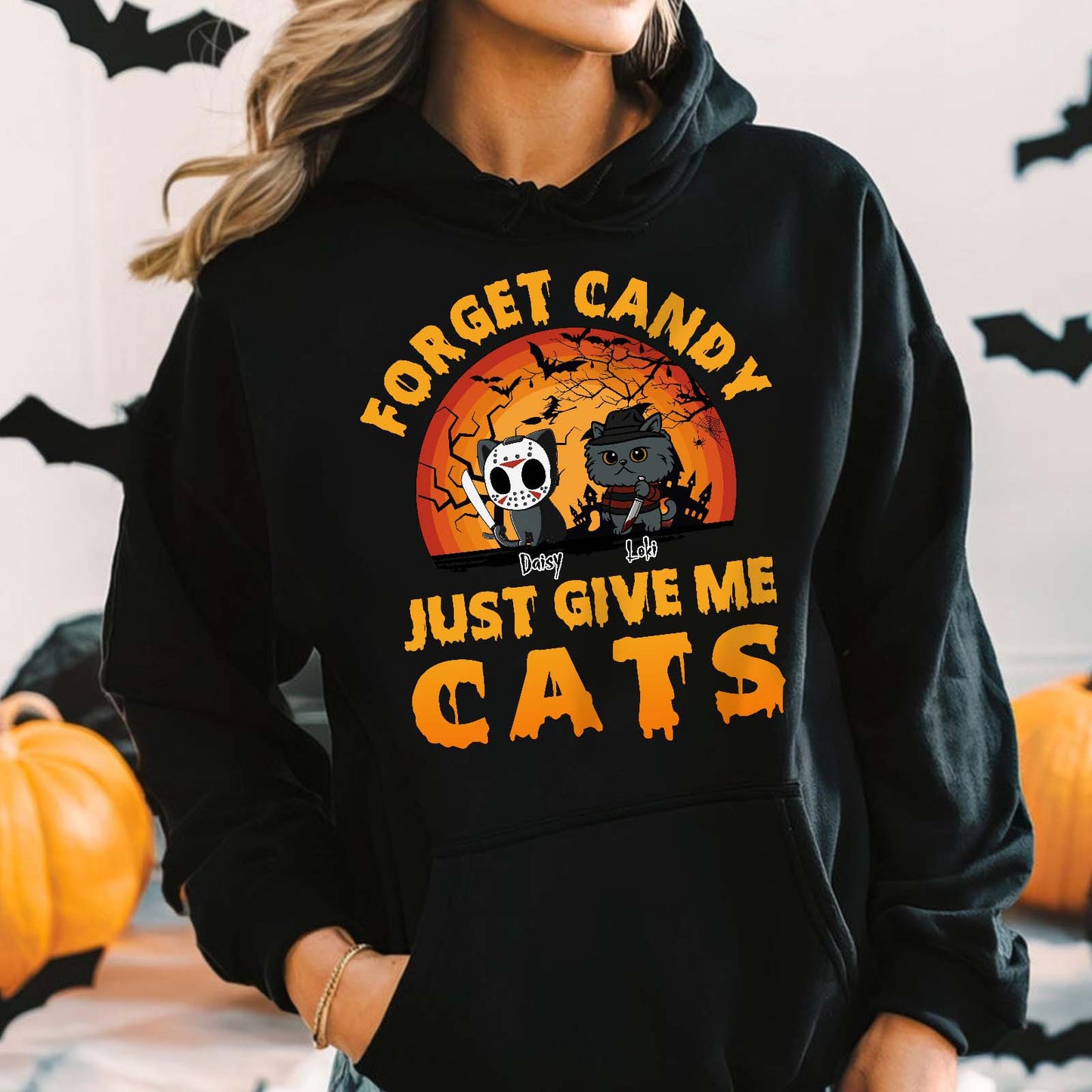 Black hoodie with orange Halloween cats design reading Forget Candy Just Give Me Cats custom Halloween shirt for cat lovers