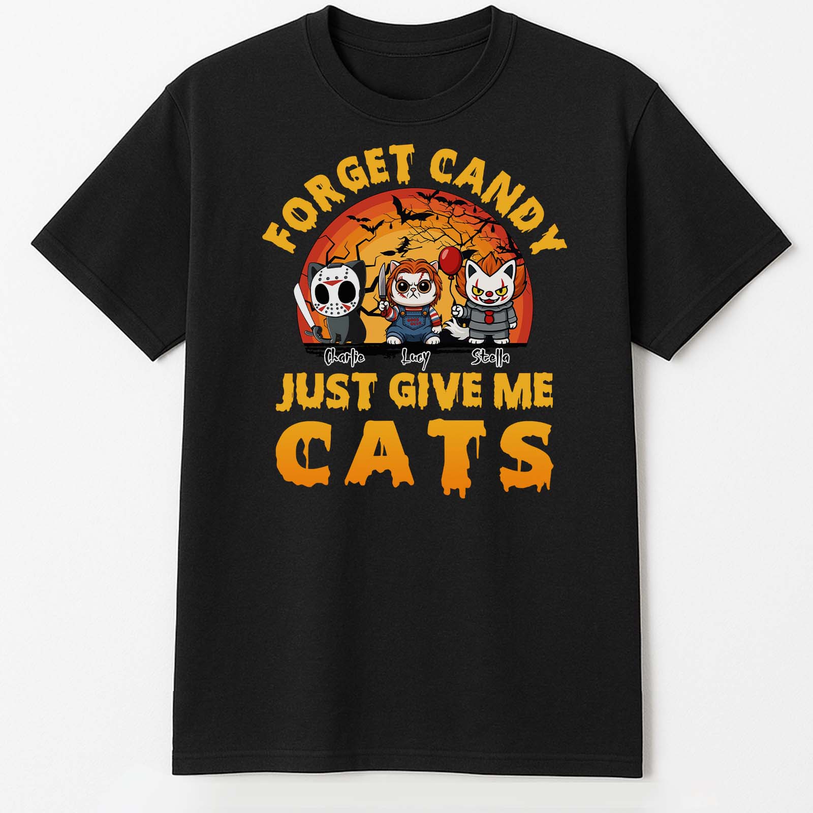 Black t shirt with three horror cats in costume and text Just Give Me Cats custom Halloween shirt for cat lovers
