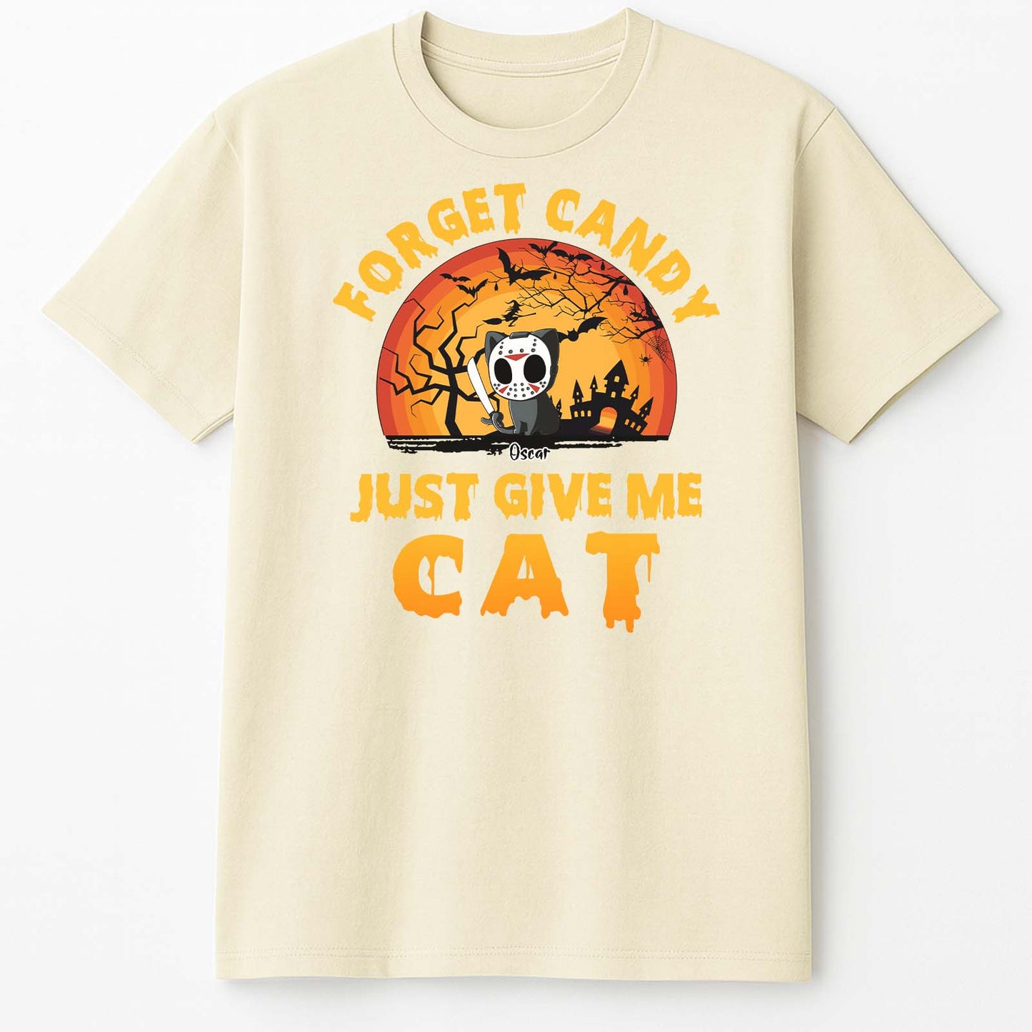 365Gifty custom Halloween shirt for cat lovers cream tee with orange moon haunted house cat
