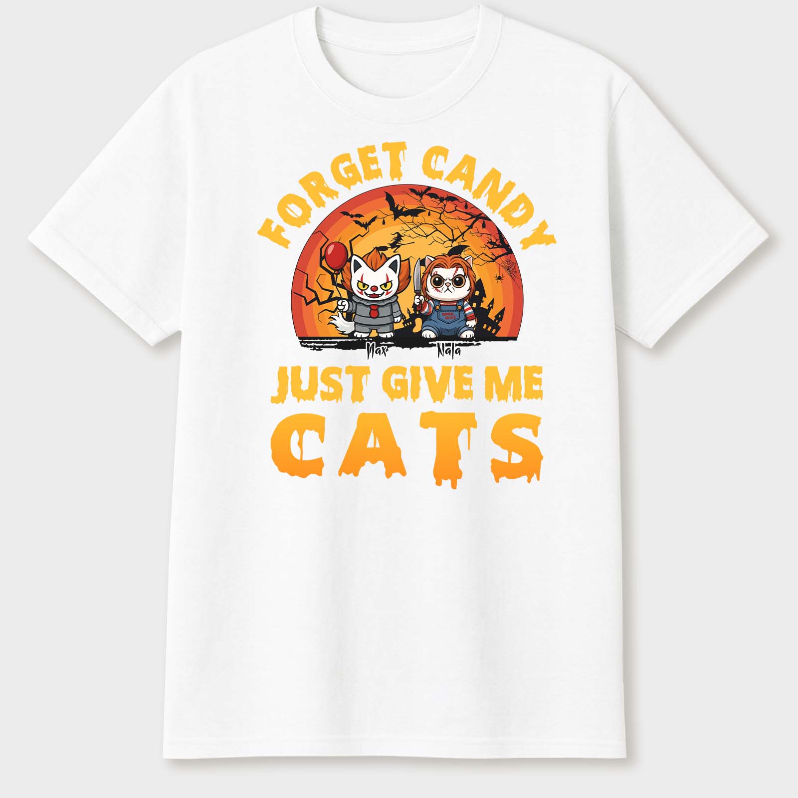 Partners in Crime wood sign with cartoon women Jessica and Stacey on holiday table custom Halloween shirt for cat lovers