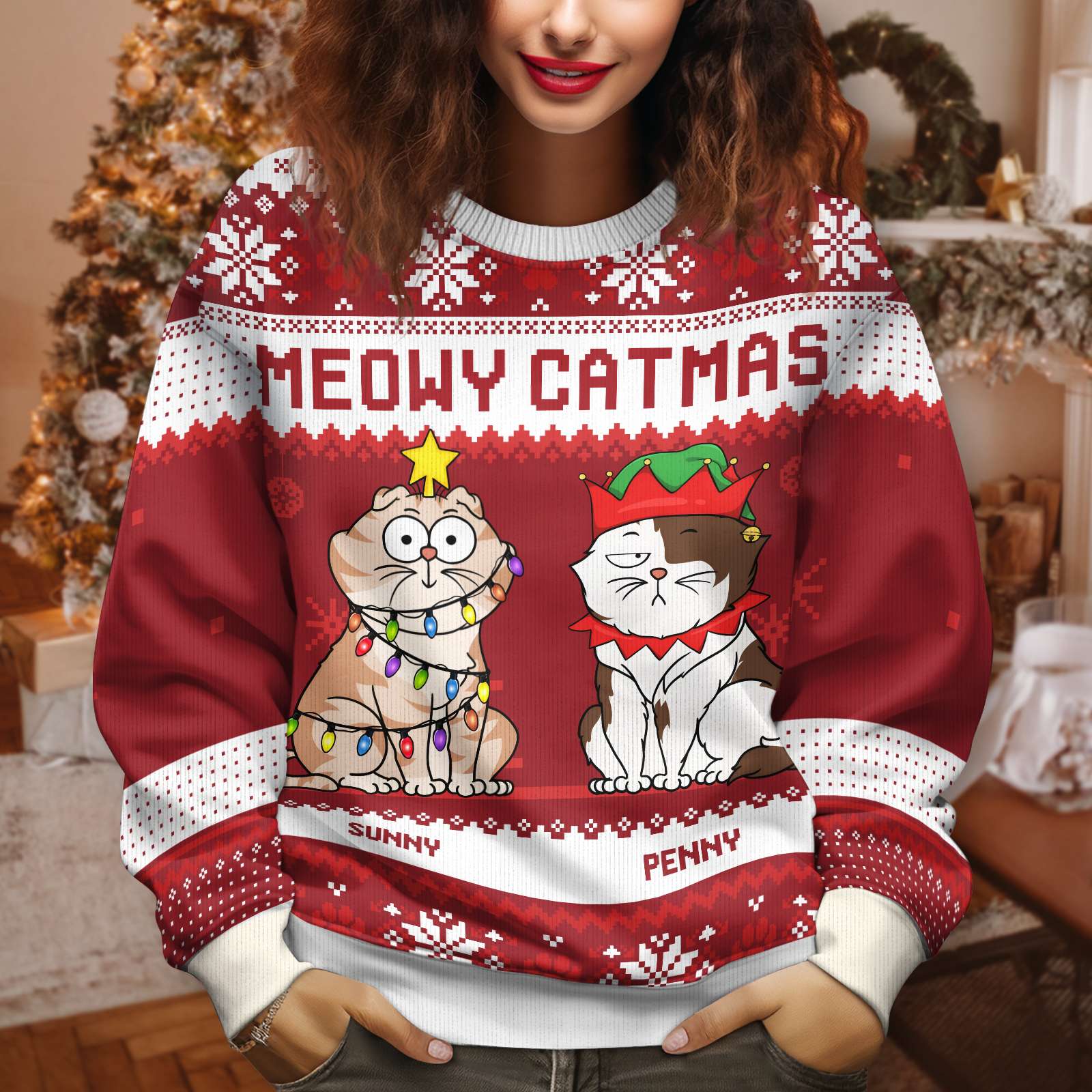 Red meowy catmas holiday sweatshirt with festive cats and Christmas lights design by 365Gifty