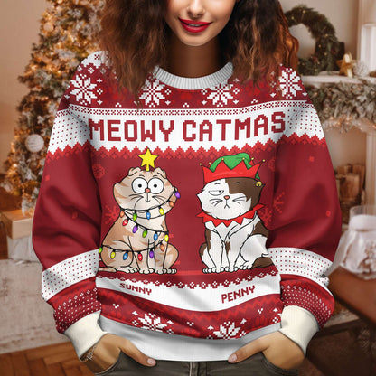 Red meowy catmas holiday sweatshirt with festive cats and Christmas lights design by 365Gifty