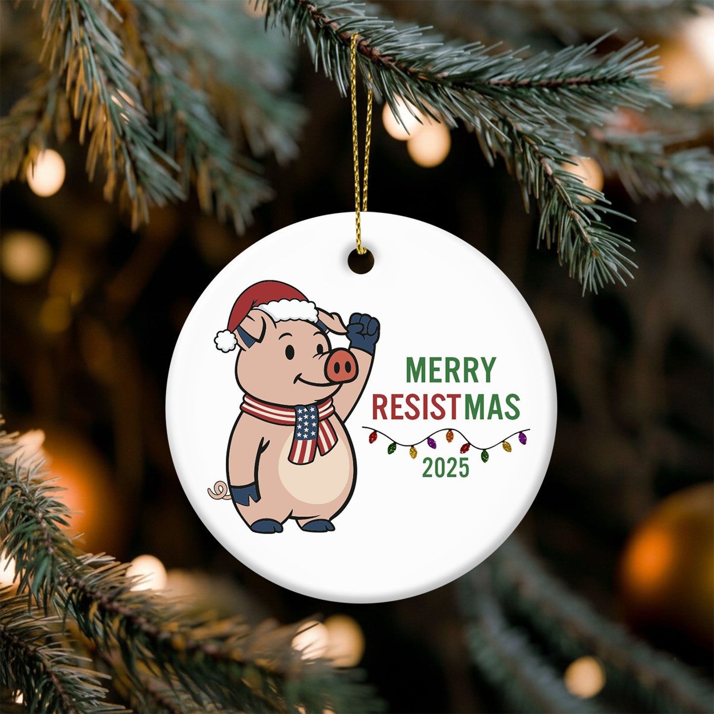 Merry Resistmas 2025 ceramic ornament featuring a festive pig character in a Santa hat