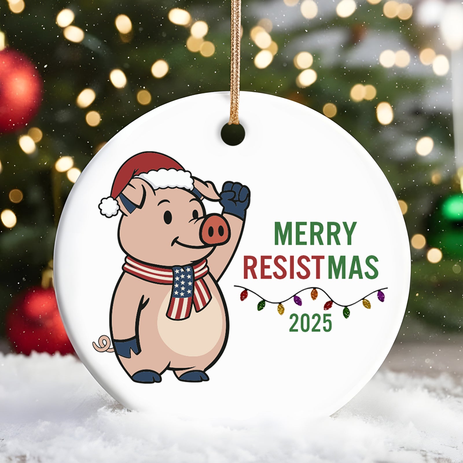 Merry Resistmas 2025 ceramic ornament featuring a cheerful pig wearing a Santa hat and festive lights