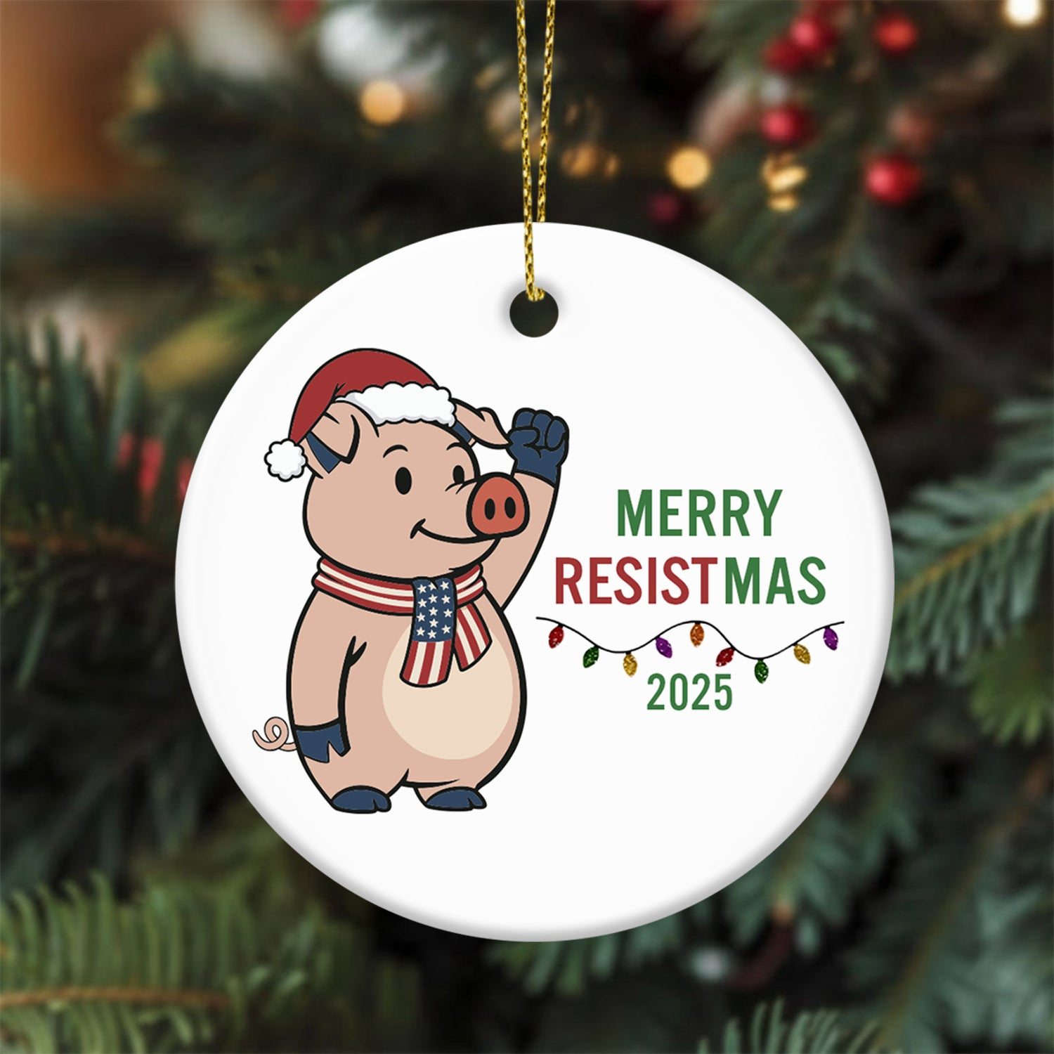 Merry Resistmas 2025 ceramic ornament featuring a cartoon pig in a Santa hat and scarf