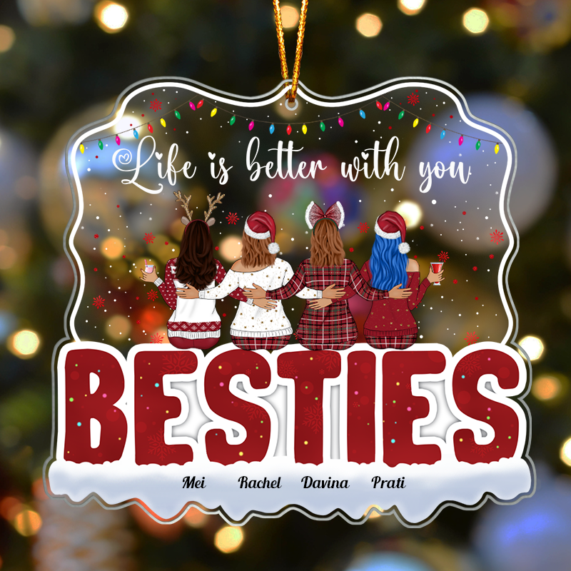 personalized best friends ornament showing four friends hugging on a holiday ornament with large BESTIES text and names