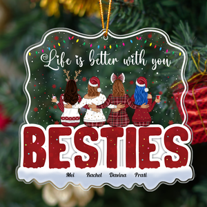 personalized best friends ornament showing four women in festive holiday outfits hugging with BESTIES lettering and custom names