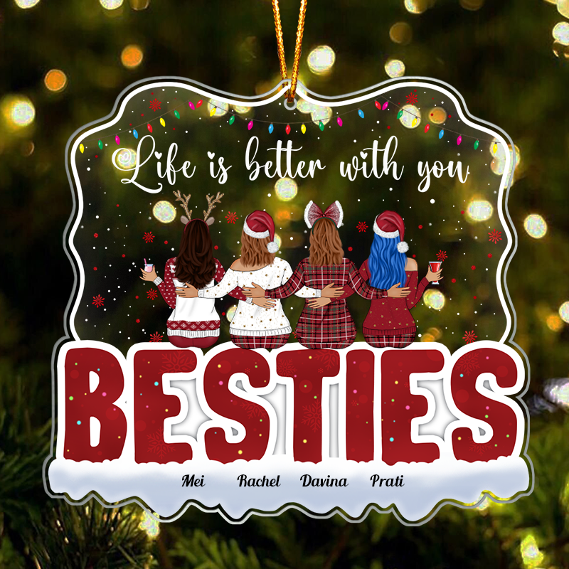 Festive personalized best friends ornament showing four women in Christmas outfits hugging with Besties text and custom names