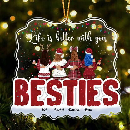 Festive personalized best friends ornament showing four women in Christmas outfits hugging with Besties text and custom names