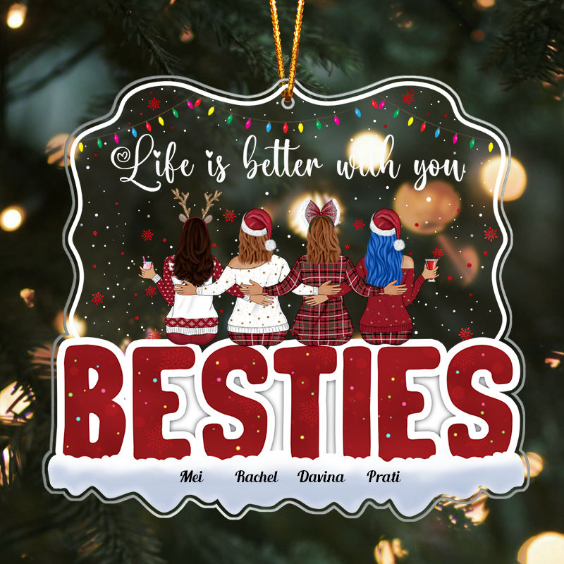 personalized best friends ornament showing four women from behind hugging under Christmas lights with BESTIES text and names