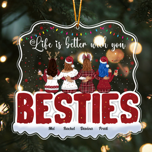 personalized best friends ornament showing four women from behind hugging under Christmas lights with BESTIES text and names