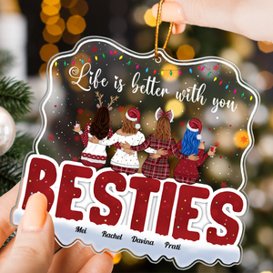personalized best friends ornament showing four women in holiday sweaters hugging with Besties text and names