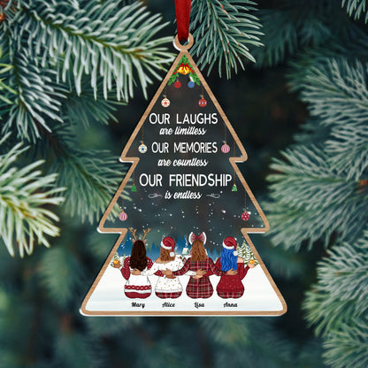 Personalized best friends ornament shaped like a Christmas tree with four friends and friendship quote