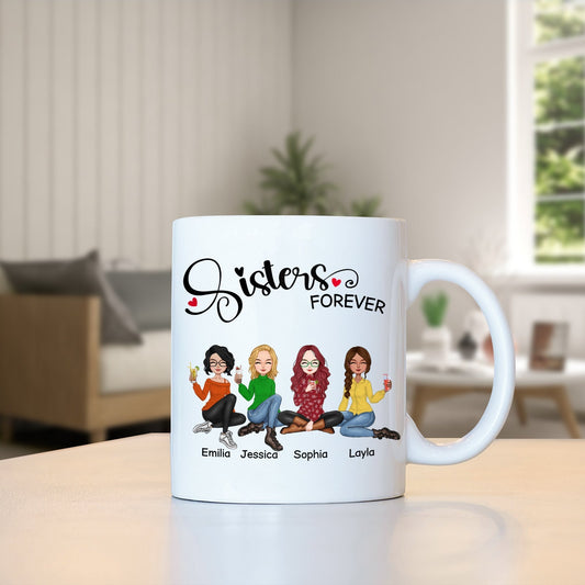White ceramic mug with sisters forever gift idea featuring four women named Emilia Jessica Sophia Layla