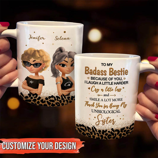 365Gifty personalized white ceramic mugs with leopard trim showing cartoon sisters and message badass sister custom mug