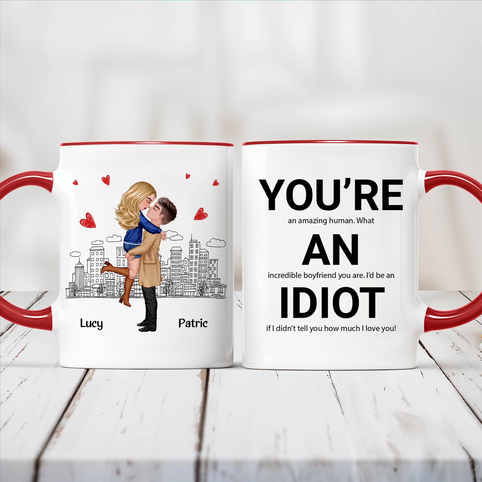 365Gifty personalized couple mug with red handles cartoon couple kissing over city skyline and humorous youre an idiot message