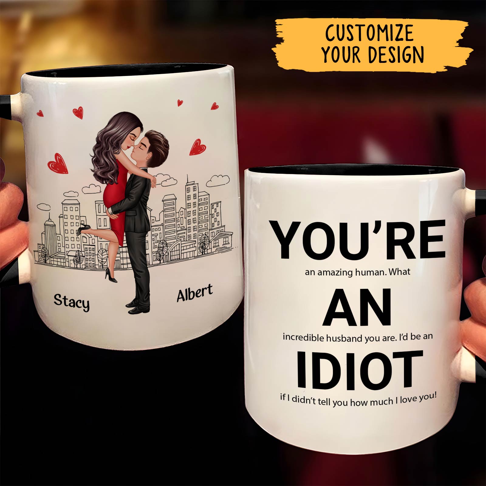 365Gifty personalized couple mug with cartoon couple illustration and funny youre an idiot message