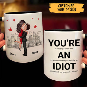 365Gifty personalized couple mug with cartoon couple illustration and funny youre an idiot message