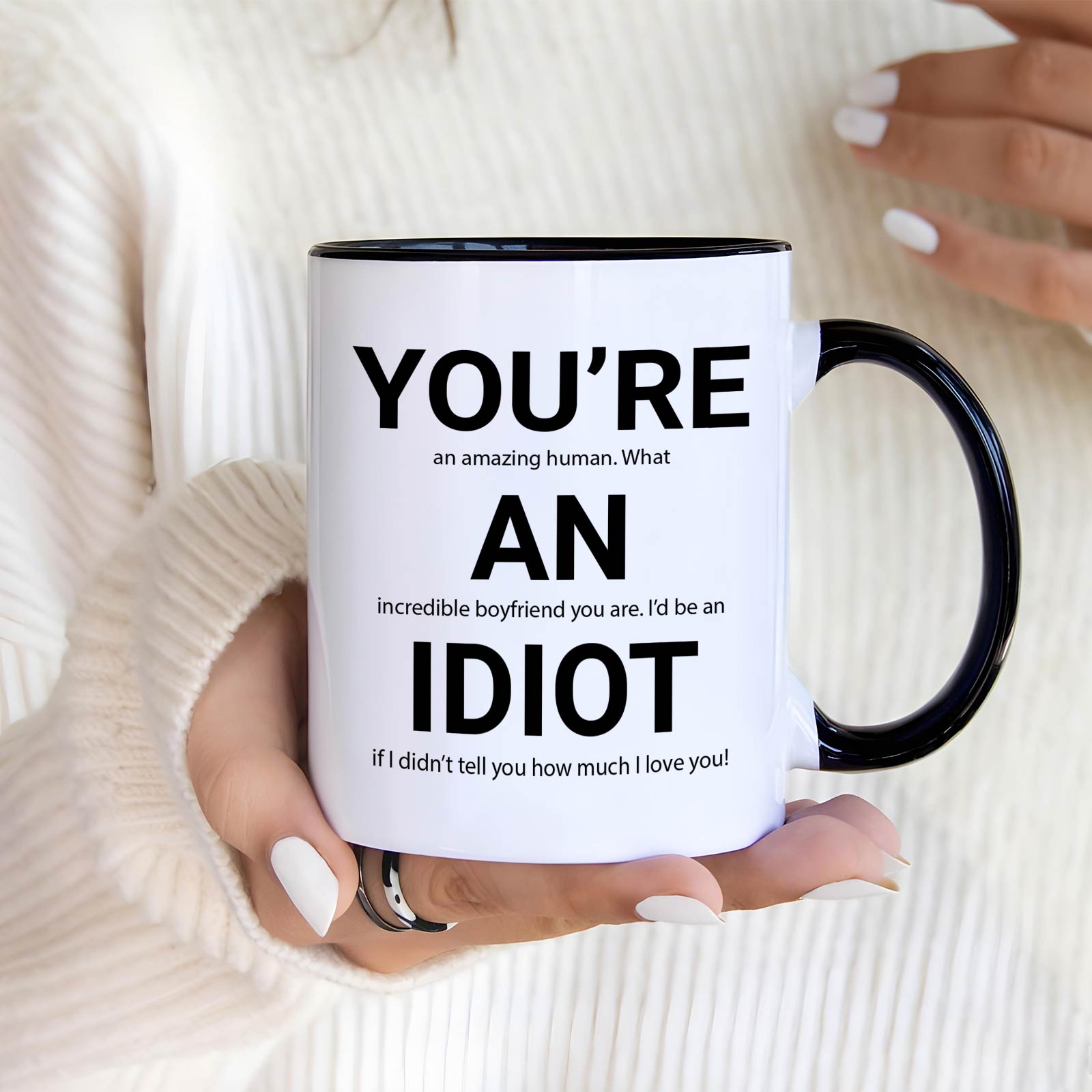 365Gifty personalized couple mug white ceramic with black handle reading You are an idiot novelty gift held by person
