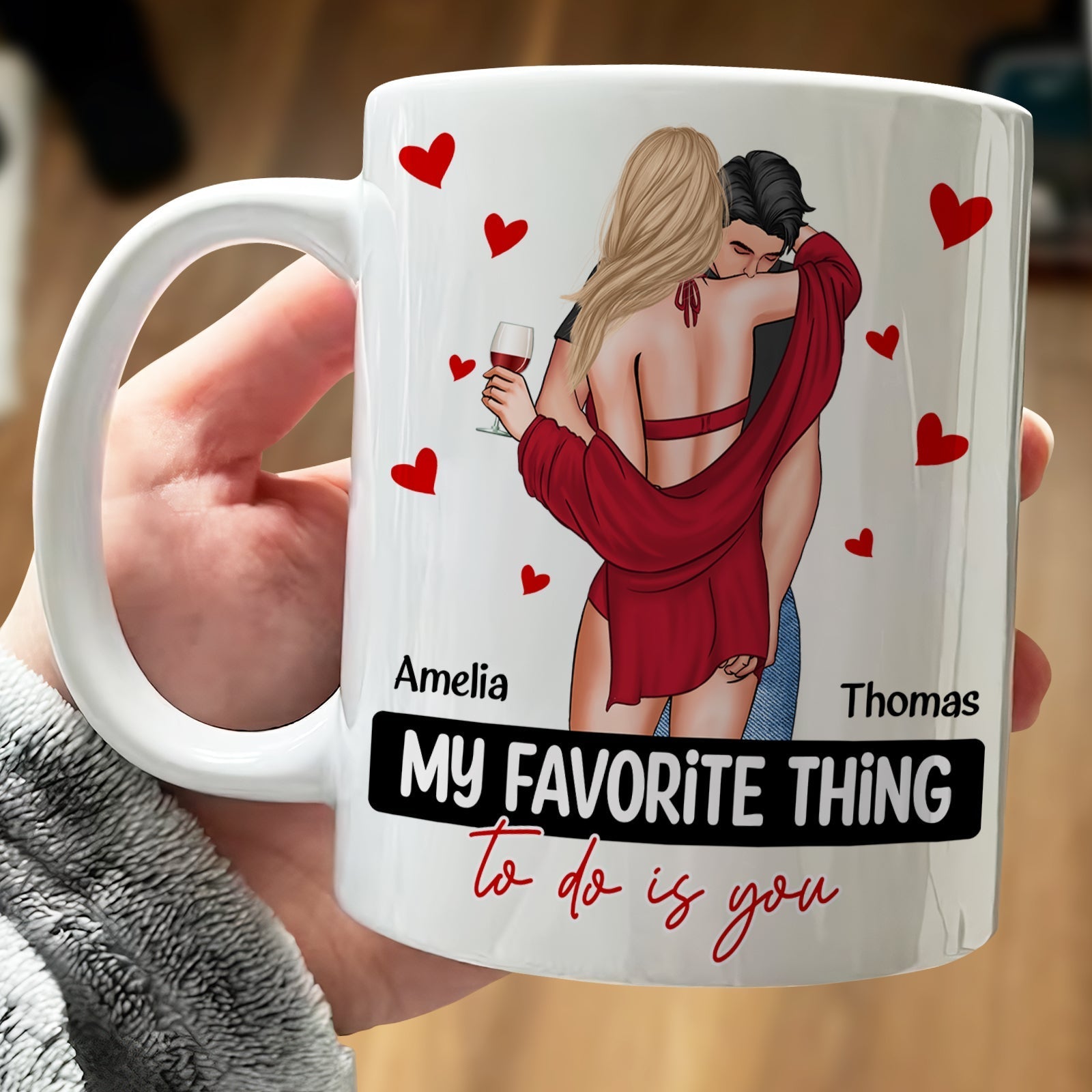 365Gifty romantic couple mug with text my favorite thing to do is you mug featuring personalized names Amelia and Thomas