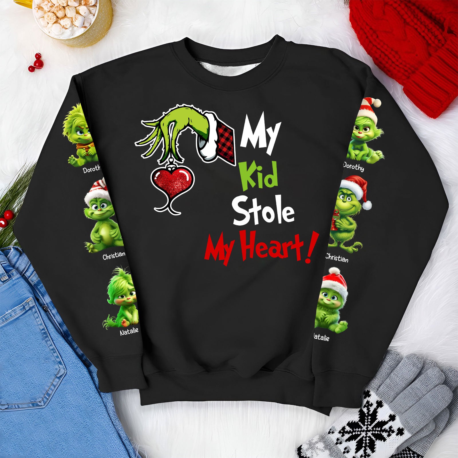 Black sweatshirt with Grinch hand holding heart and text my kid stole my heart shirt by 365Gifty