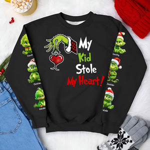 Black sweatshirt with Grinch hand holding heart and text my kid stole my heart shirt by 365Gifty